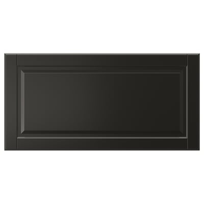 This image shows a black BODBYN drawer front with a smooth, lacquered finish and classic bevelled panel design.