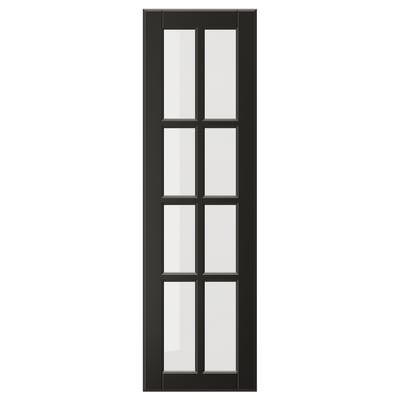 BODBYN black glass door with bevelled frame, made of fibreboard and tempered glass. Rectangular shape with classic design.