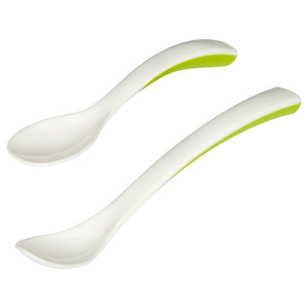 Two BÖRJA spoons, one small for baby, one large for feeding, white with green handles, plastic.