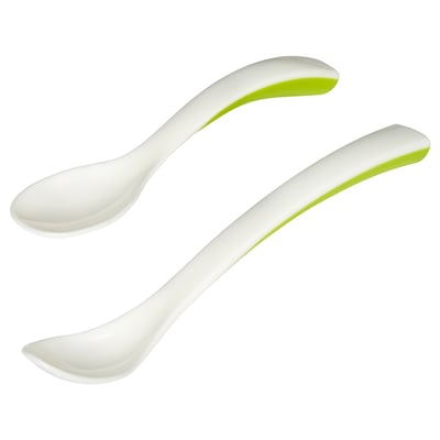 Two BÖRJA spoons, one small for baby, one large for feeding, white with green handles, plastic.