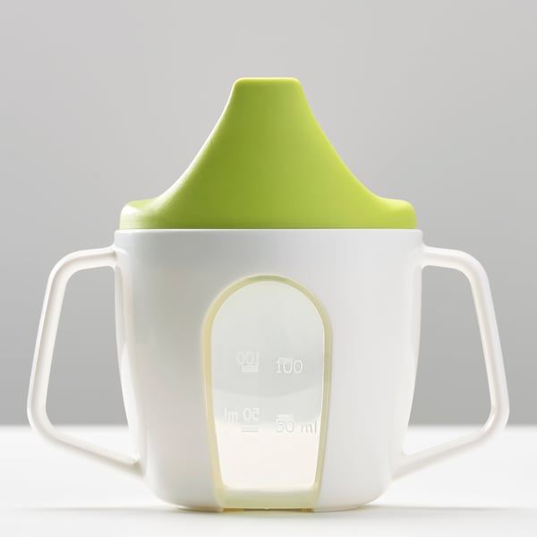 A baby sippy cup with two large handles and a green lid. Made of durable plastic.
