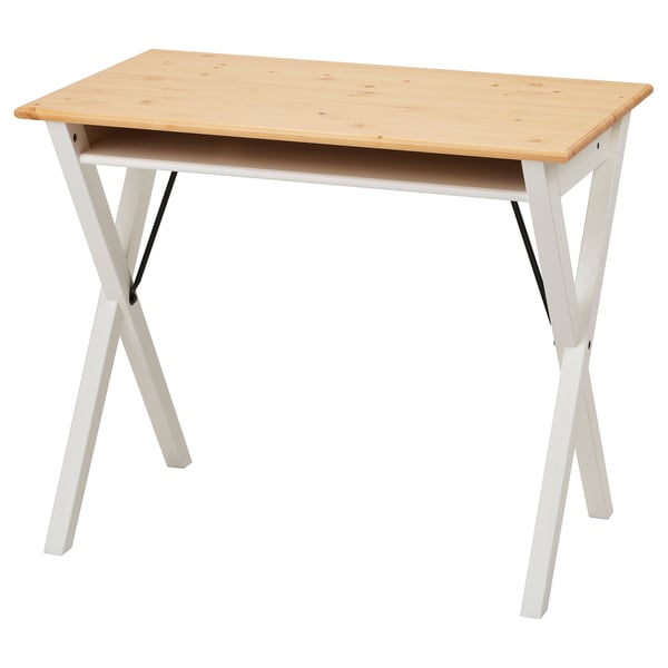BOLLPOJKE desk: light wood top, white legs, simple design, open shelf.