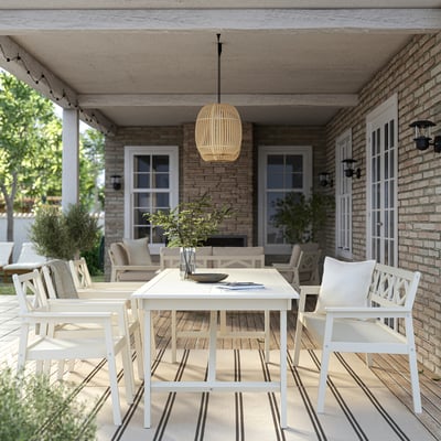 BONDHOLMEN Table+3 chrs w armr+ bench, outdoor, white/beige