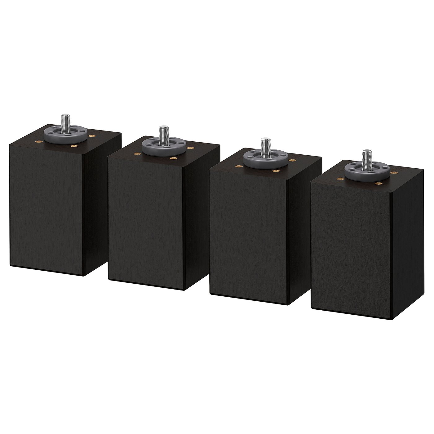 Four black wooden furniture legs with adjustable feet for stability.
