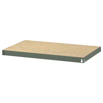 A BROR shelf, green-coated, rectangular, made of pine plywood, sturdy, and designed for heavy-duty storage.