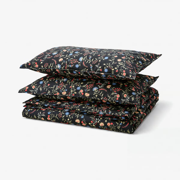 BRUDKRUSBÄR Duvet cover and 2 pillowcases, black multicolour/floral pattern, 240x220/50x80 cm