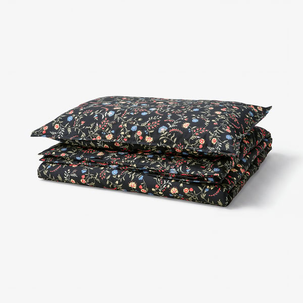 BRUDKRUSBÄR Duvet cover and pillowcase, black multicolour/floral pattern, 150x200/50x80 cm