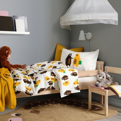 BRUMMIG Duvet cover and pillowcase, bear pattern yellow/brown, 150x200/50x80 cm