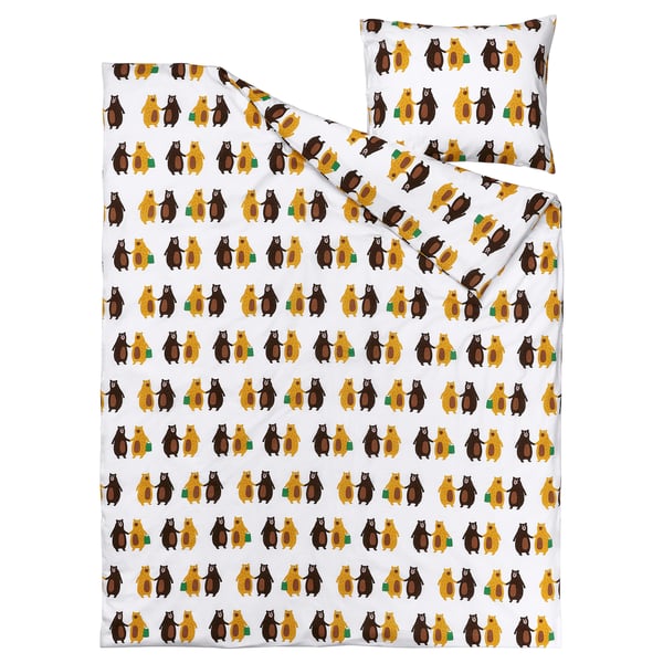 BRUMMIG Duvet cover and pillowcase, bear pattern yellow/brown, 150x200/50x80 cm