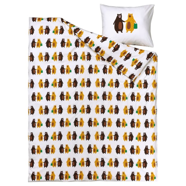 BRUMMIG Duvet cover and pillowcase, bear pattern yellow/brown, 150x200/50x80 cm