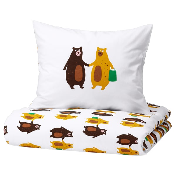 BRUMMIG Duvet cover and pillowcase, bear pattern yellow/brown, 150x200/50x80 cm
