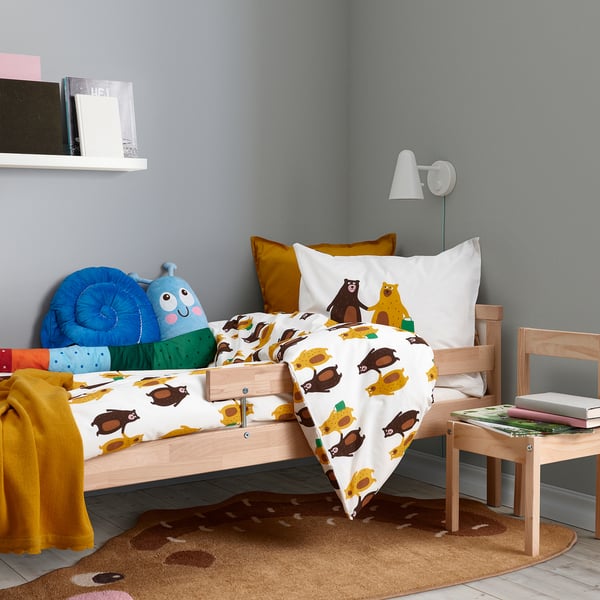 BRUMMIG Duvet cover and pillowcase, bear pattern yellow/brown, 150x200/50x80 cm