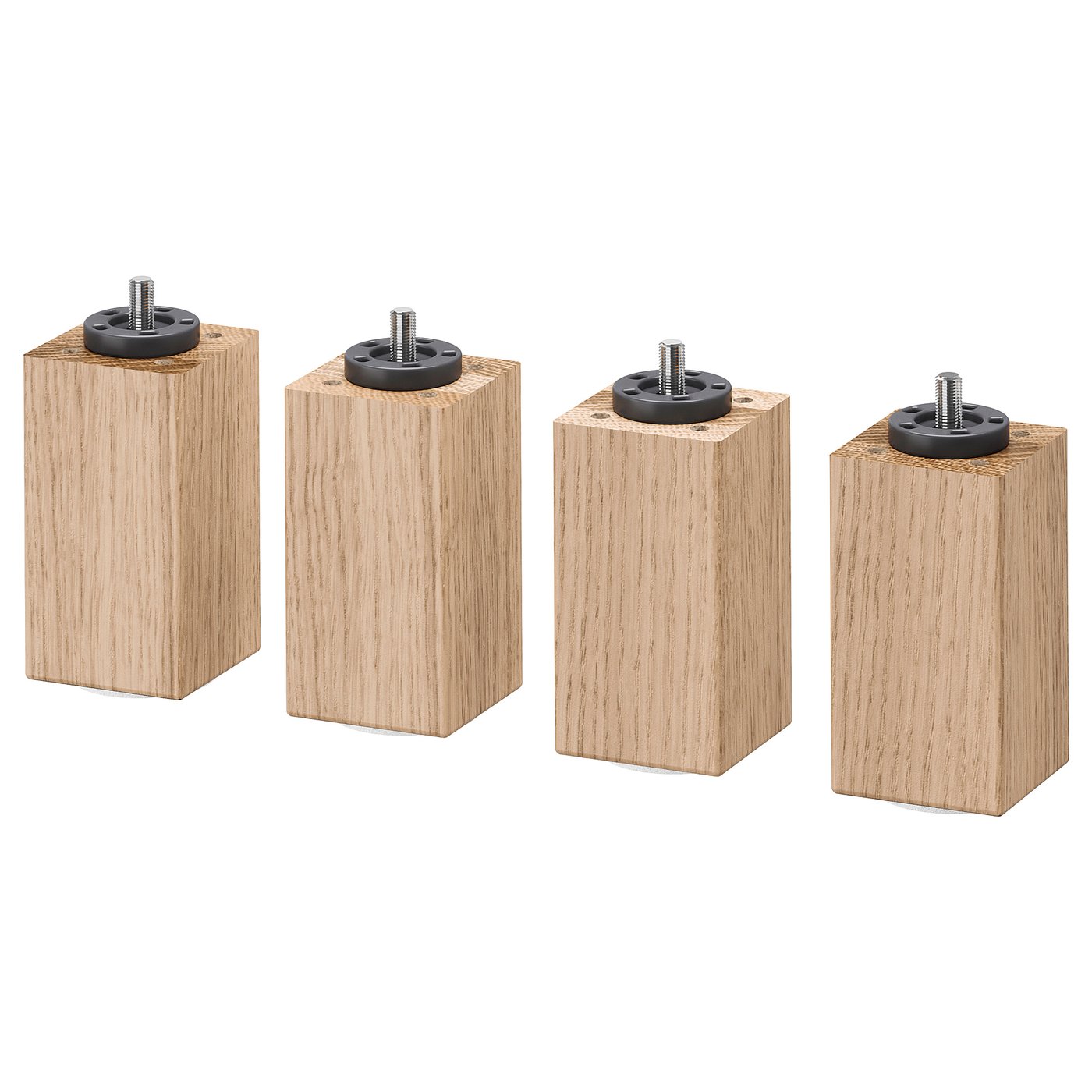 Four BURFJORD wooden furniture legs in natural finish with metal fittings.