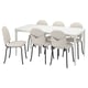 Modern white square dining table with six beige upholstered chairs.