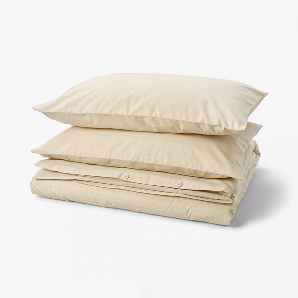 DOFTAKLEJA Duvet cover and 2 pillowcases, beige/white, 240x220/50x80 cm