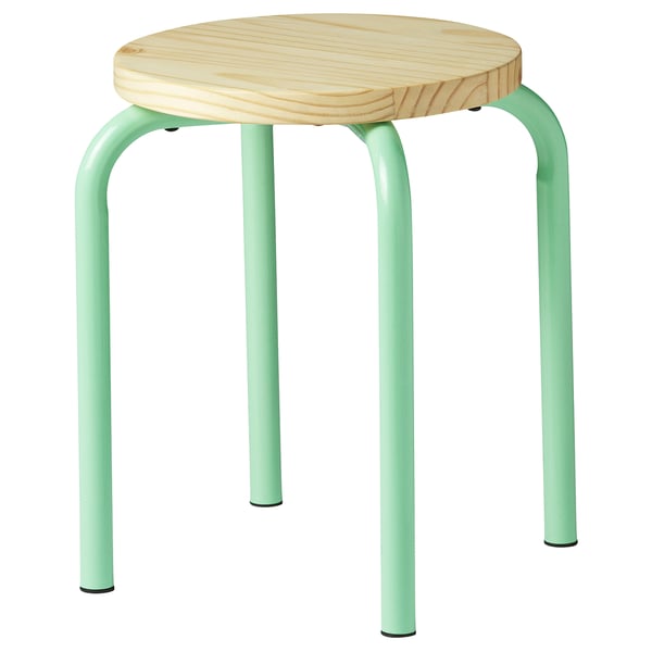 A round, light green DOMSTEN stool with a wooden seat and metal legs. It is stackable and has a modern design.