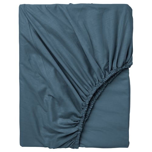 Folded blue DVALA cotton bed sheet, textured, rectangular with elastic corners.