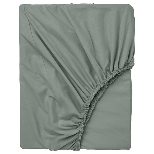 DVALA grey-green fitted sheet, 100% cotton, elastic edges, soft & breathable.