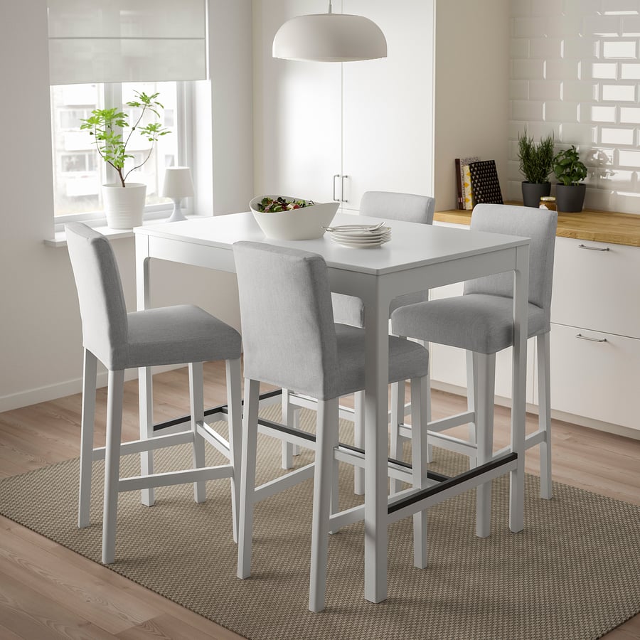 EKEDALEN / BERGMUND bar table and 4 bar stools, white/Orrsta light grey