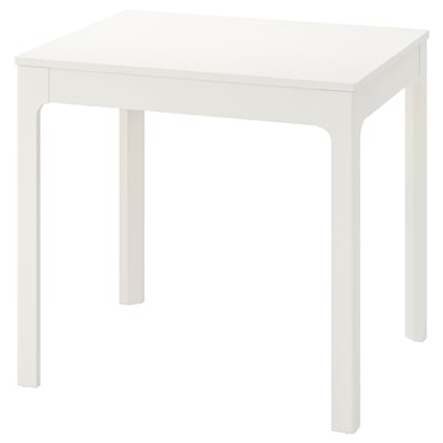 A white EKEDALEN extendable dining table with a square shape, four straight legs, and a smooth surface.