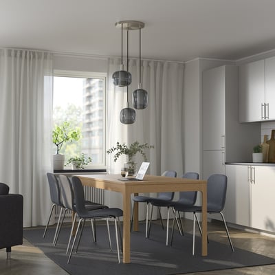 EKEDALEN / KARLPETTER Table and 6 chairs, oak/Gunnared medium grey chrome-plated, 180/240 cm