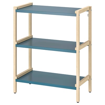 Depicts an EKENABBEN shelving unit in blue and light wood, featuring three open shelves.