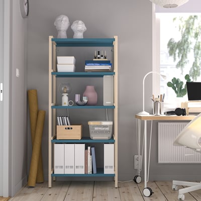 Teal & white EKENABBEN 5-tier shelves in home office with books & plants