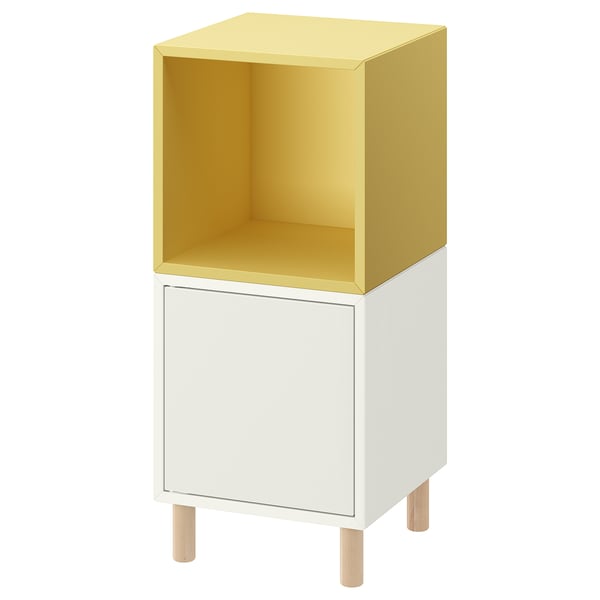 EKET yellow-white storage unit, cube top, cabinet base, wooden legs.