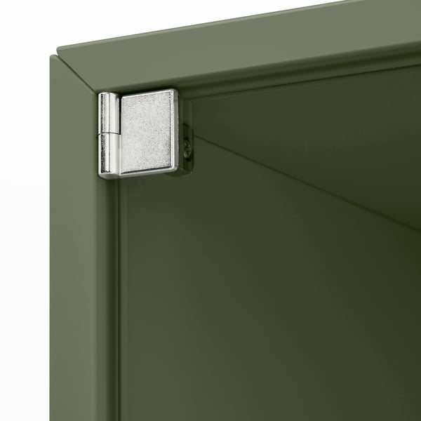 Green cabinet corner with silver hinge detail, smooth finish, sturdy build quality.