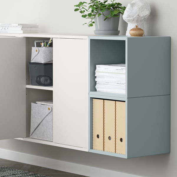 Wall-mounted storage unit: EKET. Combines open and closed cabinets, saves floor space.