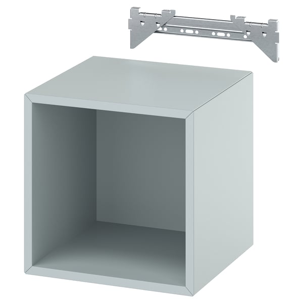 An EKET storage cube, light grey, with an open front, made of particleboard, and supported by a galvanised steel suspension rail.