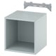 An EKET storage cube, light grey, with an open front, made of particleboard, and supported by a galvanised steel suspension rail.