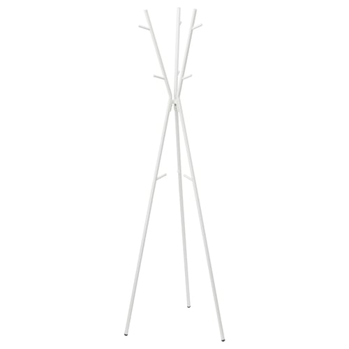 An EKRAR white coat rack with tripod legs and multiple hooks. Its sleek and modern, made of metal and aluminium.