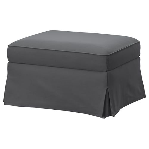 A grey EKTORP footstool with a square, padded top and ruffled sides, made of polyester.