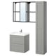 Modern grey bathroom setup: wall mirror, cabinet, and sink. Sleek, minimalist design.