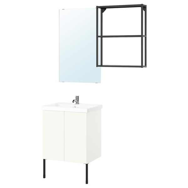 Modern bathroom setup: white vanity, chrome tap, rectangular mirror, black legs & shelf.