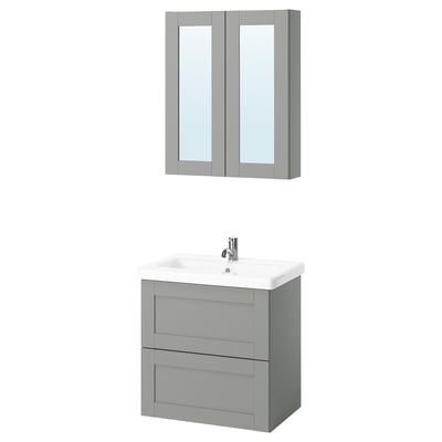 Modern bathroom set: light grey vanity and mirror cabinet, sleek design with white sink.