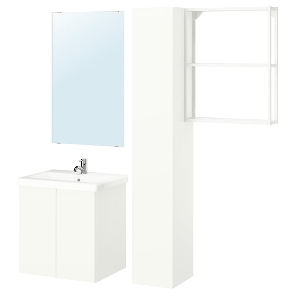 A white bathroom setup including a sink cabinet, mirror, and wall shelves from the ENHET series.