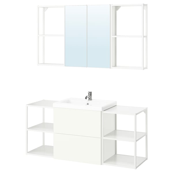 Modern white bathroom vanity set with open shelving, mirror cabinet, and sleek countertop, designed for efficient storage and stylish functionality.