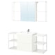 Modern white bathroom vanity set with open shelving, mirror cabinet, and sleek countertop, designed for efficient storage and stylish functionality.