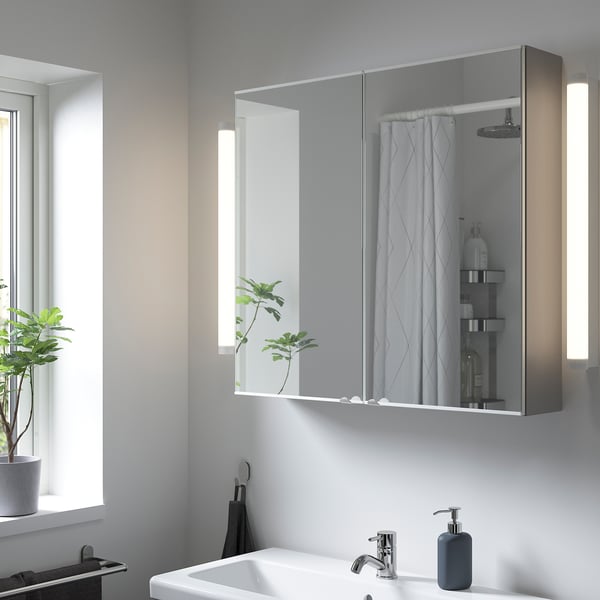 ENHET grey mirror cabinet with lights and shelves, modern style, ample storage for bathroom.