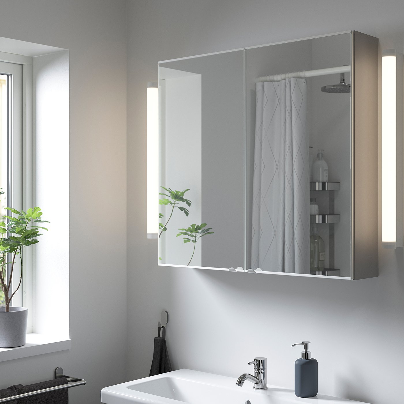 ENHET grey mirror cabinet with lights and shelves, modern style, ample storage for bathroom.