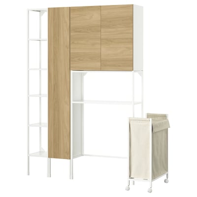 Modern storage combo: white shelves, wooden doors, integrated laundry bag on wheels.
