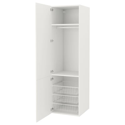 White ENHET closet with shelves and wire baskets, sleek design.