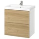 Modern bathroom vanity: white sink, oak wet-area front, wall-mounted, chrome tap.