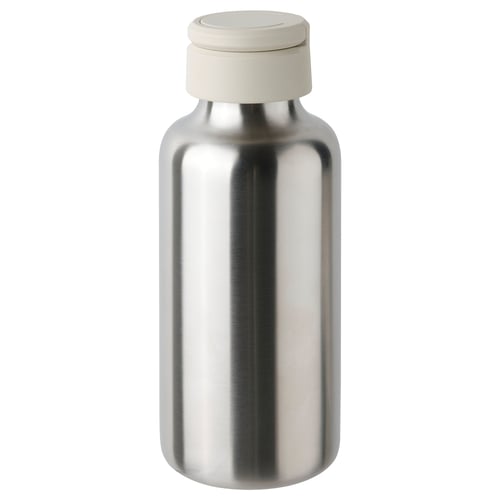 ENKELSPÅRIG silver stainless steel water bottle, light beige lid, round shape, durable design.