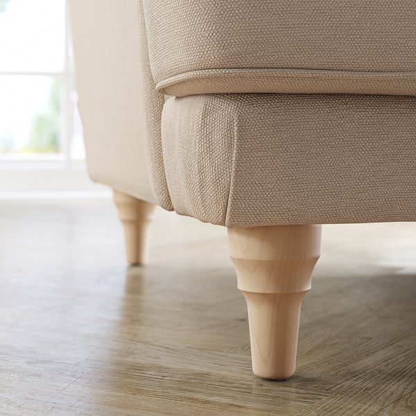 Beige ESSEBODA sofa with wooden legs. Soft, 3-seater, modern design.