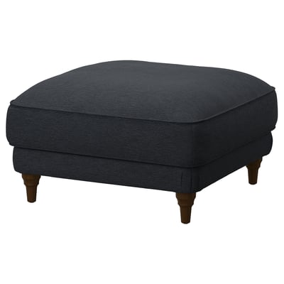 A navy blue ESSEBODA footstool with tufted design, wooden legs, and a cushioned top.