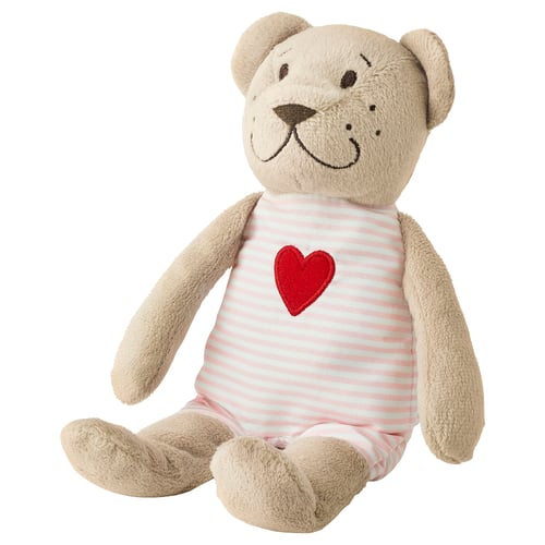 Frog article FABLER BJÖRN, light tan, plush teddy bear, striped shirt with heart.