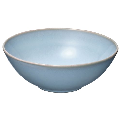 Sky blue FÄRGKLAR bowl, stoneware, rustic glaze, shallow round shape.